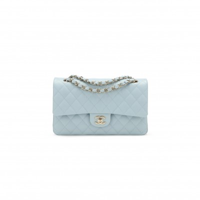 CHANEL MEDIUM CLASSIC DOUBLE FLAP BAG BLUE QUILTED CAVIAR LIGHT GOLD HARDWARE (25*15*7cm)